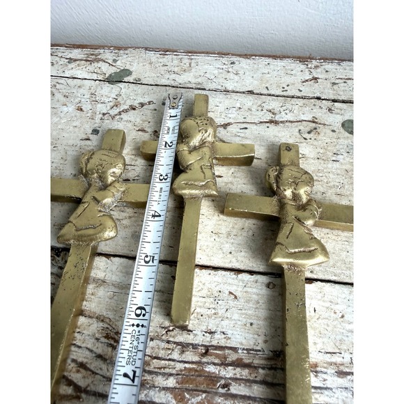 Vintage Brass Praying Child Wall Cross Set Boy and Girl Religious Decor 3pc - Picture 8 of 8